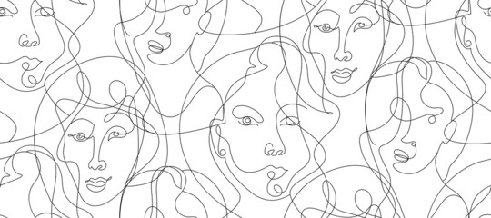 abstract seamless pattern with one line portrait of a girl in the style of cubism and picasso isolated on a white background - obrazy, fototapety, plakaty