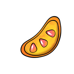 illustration of a colored drawing of sweets: lollipop in the form of a citrus slices in orange color on a white isolated background. High quality illustration