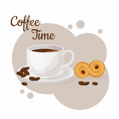 Cup of coffee and lussekatt. Coffee time concept. Isolated hand drawn vector illustration of cute breakfast food. 