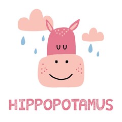 Childrens hand-drawn illustration of a pink hippo. Hippopotamus with clouds and rain. Lettering. Illustration for postcards and prints.