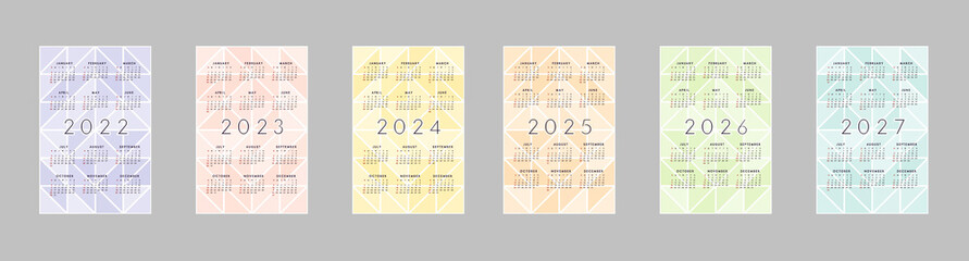 2022 2023 2024 2025 2026 2027 calendar collection with multicolor translucent triangles abstract background. Calendar design for print and digital. Week starts on Sunday
