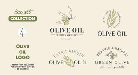 Set with four labels, stamps, tags for olive oil, soap, cosmetics, spa salon. Minimal linear style. Vector illustration