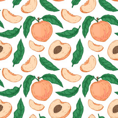 Hand drawn peach seamless pattern. Vector illustration