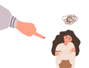 Social bullying. Finger pointing on sad girl. Depressed teenager sitting on floor and crying. Violence in school. Vector illustration in flat cartoon style.