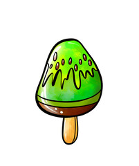 Illustration of a colored drawing of sweets: kiwi fruit flavored ice cream on a white isolated background. High quality illustration