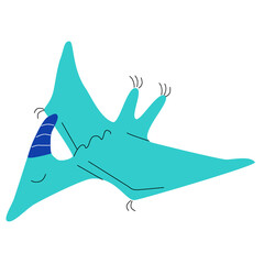 One green pterosaur dinosaur in flight with its eyes closed in doodle style for children's room, isolated on a white background. Vector illustration