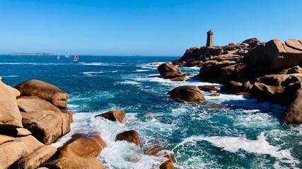 Ploumanac'h , Perros-Guirec, côte de granite rose , côtes d’armor, Bretagne, France, Voilier, Manche, Ocean Atlantique, Phare de Men Ruz