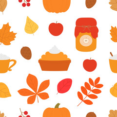 Seamless pattern autumn leaves pumpkin jam pie berries vector illustration