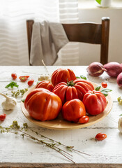 Red tomatoes on the plate and white wooden background with oregano, basil leaves, garlic and onion. 