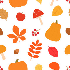Seamless pattern autumn leaves pumpkin berries vector illustration