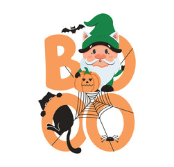 Naklejka premium The Halloween image with gnome, text Boo, cat and spider