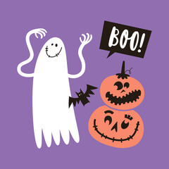 Halloween greeting card with ghost and pumpkins in simple hand drawn style. Hand drawn lettering Boo. 