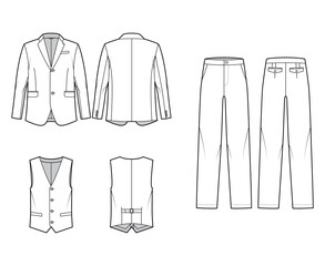 Set of Suit three-piece - classic Pant, jacket and vest technical fashion illustration with single breasted, oversized. Flat template front, back, white color style. Women, men, unisex CAD mockup