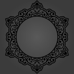 Oriental vector round frame with arabesques and floral elements. Floral round dark border with vintage pattern. Greeting card with place for text