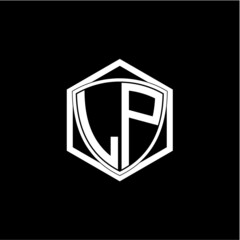 initial letter L P shield with hexagon frame