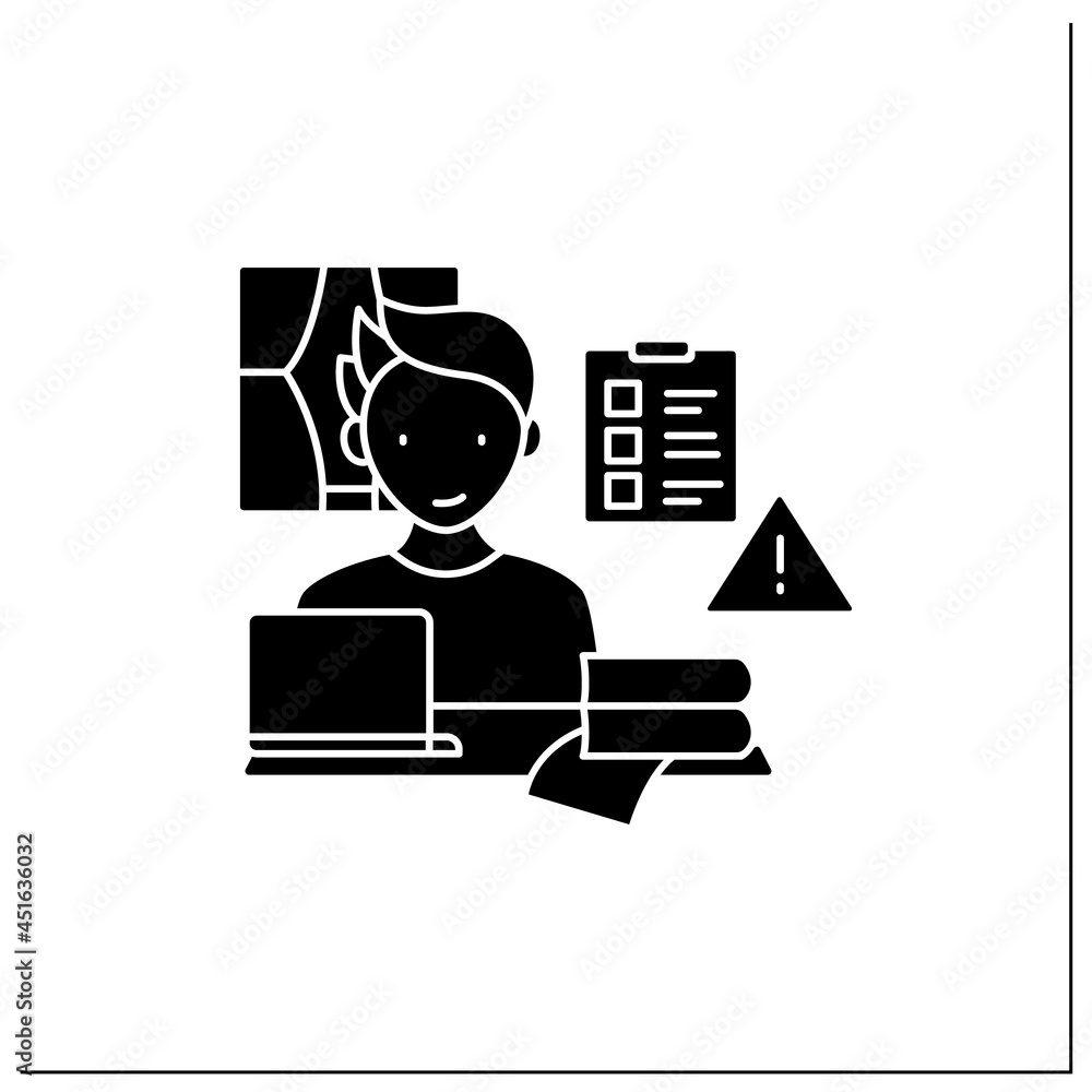 Poster remote work glyph icon. prioritizing work. important tasks list. focused. career difficulties concep