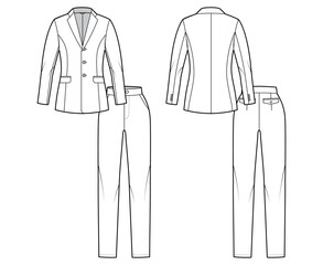 Set of pant Suit - classic women jacket technical fashion illustration with two - pieces, single breasted, fitted body. Flat apparel template front, back, white color style. Men, unisex CAD mockup