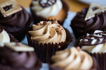 A close up of a chocolate cup cake