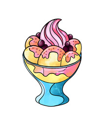 Illustration of a colored drawing of sweets: yellow pink dessert ice cream in balls and decorated with pink cream in the middle in a blue vase on a white isolated background. High quality illustration