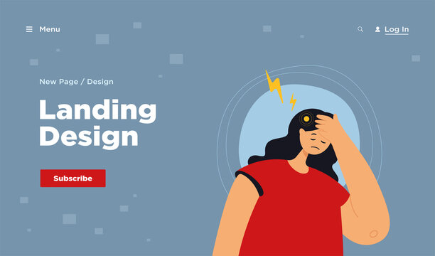 Sad woman suffering from headache. Tired female with migraine, pain, stress from work flat vector illustration. Headache, burnout, health problem concept for banner, website design or landing web page
