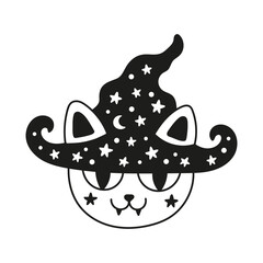 Cute white cat wearing witch hat. Funny pet illustration. Magical art for kids. Isolated vector black and white silhouette