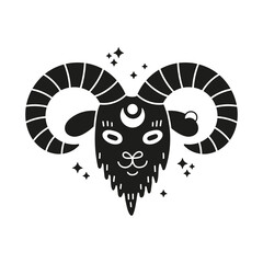 Black goat head silhouette. Zodiac Aries emblem. Witchy animal illustration. Vectot black and white isolated art