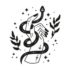 Witch hand with snake. Mystical symbol. Spiritual ritual illustration. Vector black and white art