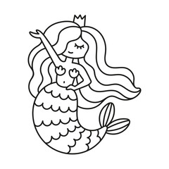 Cute little mermaid. Sea princess. Funny nautical art. Coloring page. Black and white vector illustration