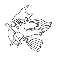 Witch flying on the broom. Cute sorcery girl wearing a witchy hat. otline vector illustrations. Coloring page