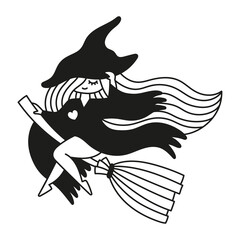 Cute witch flying on the broom. Cute sorceri girl. Witchy mystical illustration. Vector print design with black and white colors