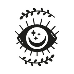 Eye with moon inside. Floral elements. Mystical witchy illustration. T-shirt design. Isolated vector black and white silhouette. Cut file