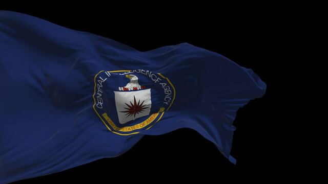 The flag with the symbols of the American special services and intelligence flutters in the wind, alpha channel, selective focus.The inscription on the flag of the Central Intelligence Agency, 