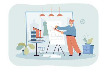 Woman architect working in studio flat vector illustration. Cartoon girl designing new building, drawing graphic plan in office interior. Engineer, design, architecture, creativity, job concept