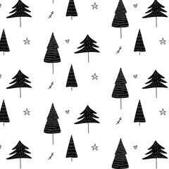 Christmass tree seamless pattern. Tiny trees on white background. Pattern for wrapping paper or textile. Winter wallpaper.Black and white.