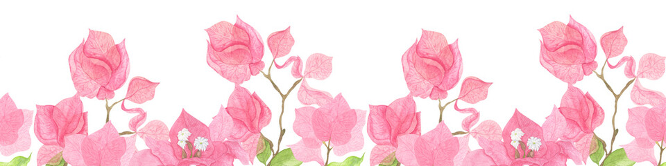 Seamless border with watercolor bougainvillea flowers.