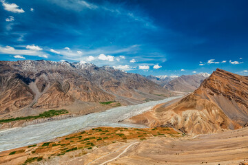 View of Spiti valley and Spiti river in Himalayas.