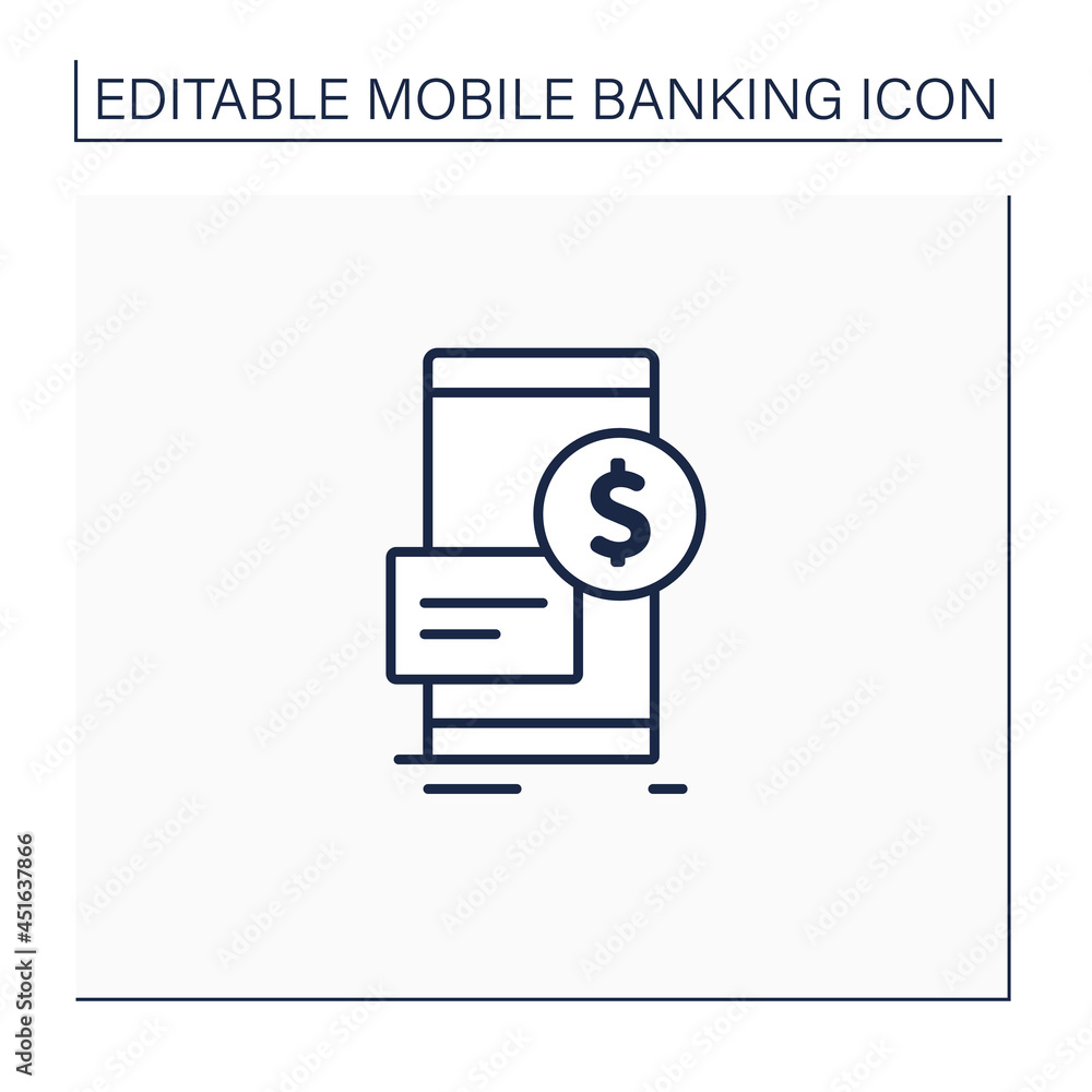 Poster mobile deposit line icon. way to borrow money using phone. carrying out financial transactions throu