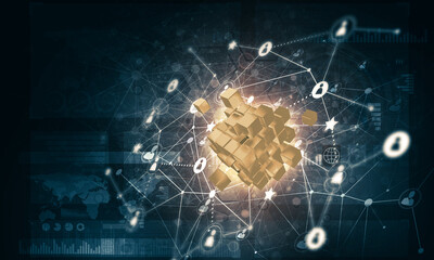 Concept of Internet and networking with digital cube figure on dark background