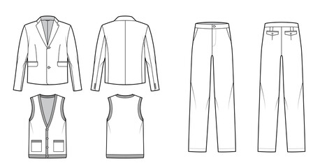Naklejka premium Set of cardigan Suit - classic Pant, jackets, knit vest technical fashion illustration with three - pieces, single breasted. Flat apparel template front, back, white color style. Women, men unisex CAD