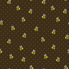 Seamless pattern with bees on color polka dots background. Small wasp. Vector illustration. Adorable cartoon character. Template design for invitation, cards, textile, fabric. Doodle style