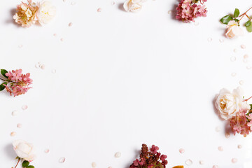 Roses, hydrangea. Flower composition on white background.