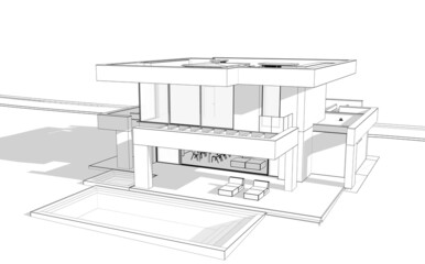3d rendering of modern cozy house with pool and parking for sale or rent in luxurious style. Black line sketch with soft light shadows on white background
