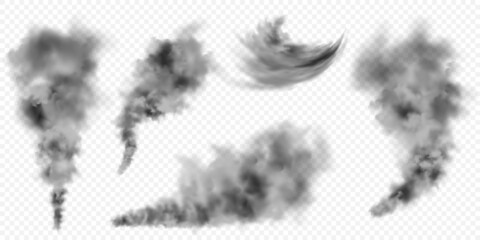 Realistic black smoke clouds. Stream of smoke from burning objects. Transparent fog effect. Vector design element.