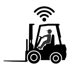 ngi1285 NewGraphicIcon ngi - dts41 DeliveryTruckSign - german - Industrie 4.0 - Fahrer mit Gabelstapler und Wireless Connection Signal Icon . english - forklift . simple template - poster xxl g10692