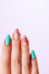 Beautiful colored nails manicure. Manicured nails and Soft hands skin wide banner. Beauty treatment. High quality photo
