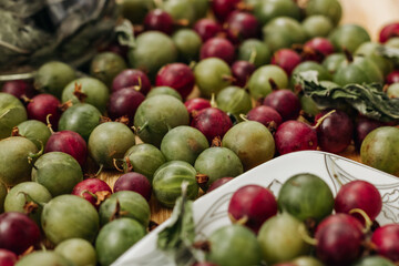 Green and red gooseberries. Close-up
