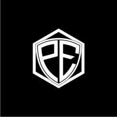 initial letter P E shield with hexagon frame