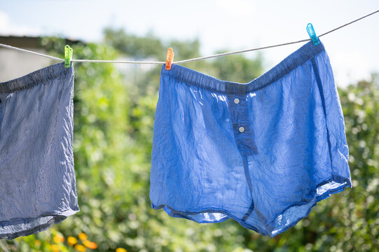 Wet blue underpants drying on the rope against green background outdoor