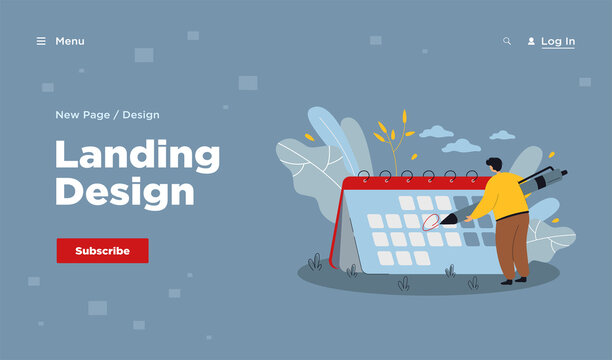 Tiny man in front of giant calendar cartoon vector illustration. Person highlighting specific date on schedule with giant pen. Events, agendas, deadlines checking. Planning, time management concept