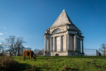 A highland cow grazing in front of Darnley Mausoleum, a restored 18th century mausoleum set in peaceful public woodland. in Kent, UK - obrazy, fototapety, plakaty